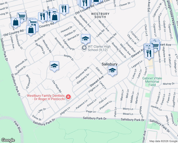 map of restaurants, bars, coffee shops, grocery stores, and more near 2226 Plum Tree Road West in Westbury