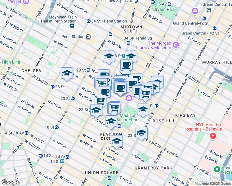 map of restaurants, bars, coffee shops, grocery stores, and more near 22 West 27th Street in New York