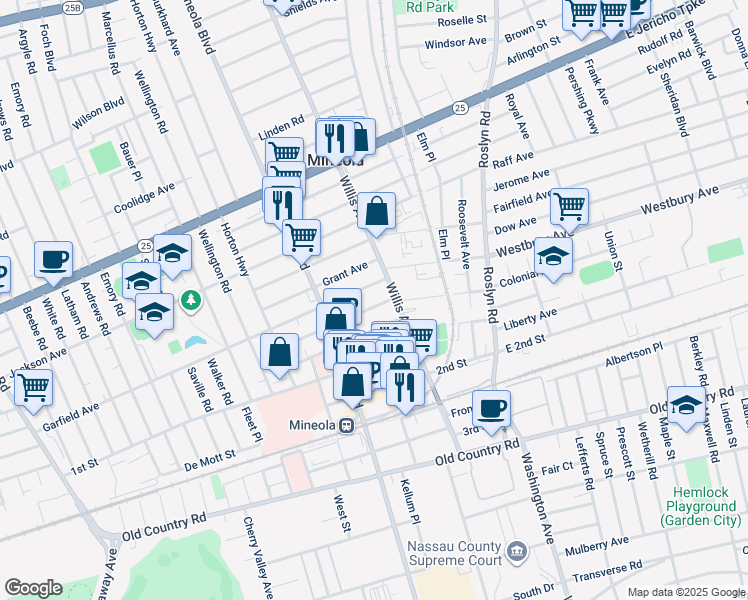 map of restaurants, bars, coffee shops, grocery stores, and more near 162 Cleveland Avenue in Mineola