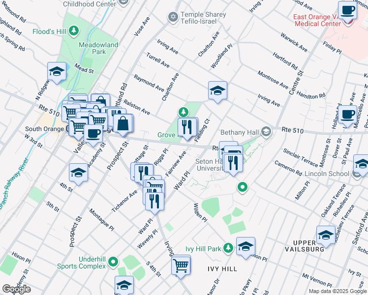 map of restaurants, bars, coffee shops, grocery stores, and more near 10 Fairview Avenue in South Orange