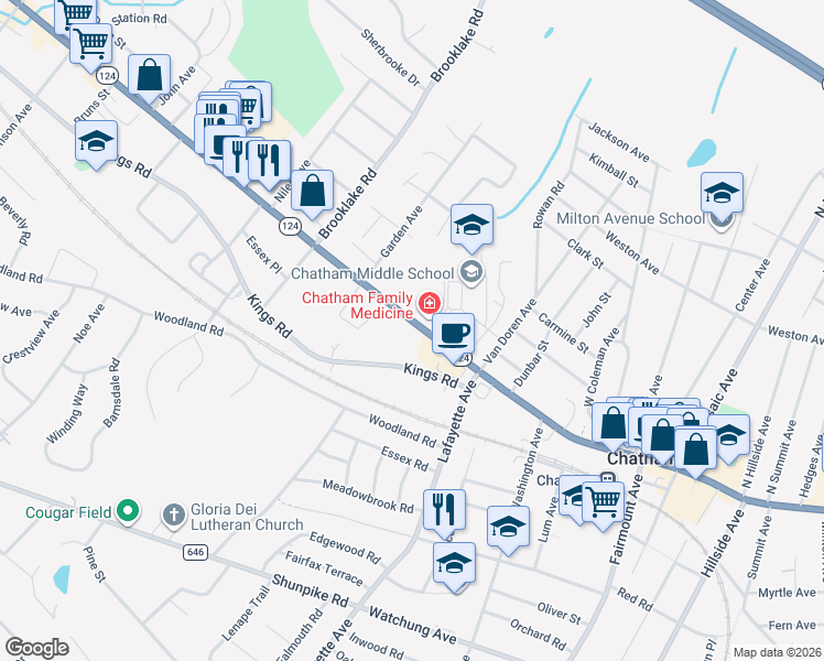 map of restaurants, bars, coffee shops, grocery stores, and more near 495 Main Street in Chatham