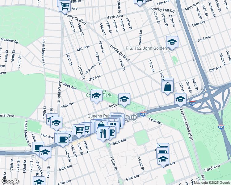 map of restaurants, bars, coffee shops, grocery stores, and more near 192-17 Underhill Avenue in Queens