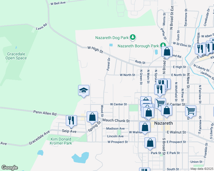 map of restaurants, bars, coffee shops, grocery stores, and more near 130 Forest Drive in Nazareth