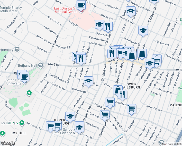 map of restaurants, bars, coffee shops, grocery stores, and more near 32 Oakland Terrace in Newark