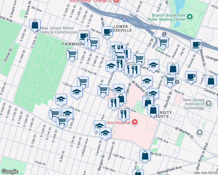 map of restaurants, bars, coffee shops, grocery stores, and more near 134 Littleton Avenue in Newark