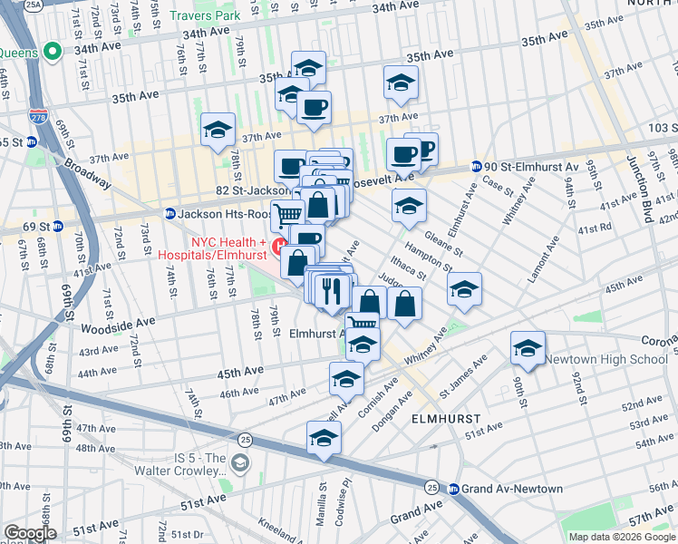 map of restaurants, bars, coffee shops, grocery stores, and more near Pettit Ave & Ketcham St in Queens