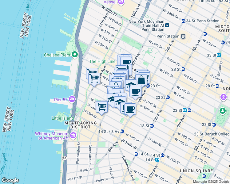 map of restaurants, bars, coffee shops, grocery stores, and more near 162 9th Avenue in New York