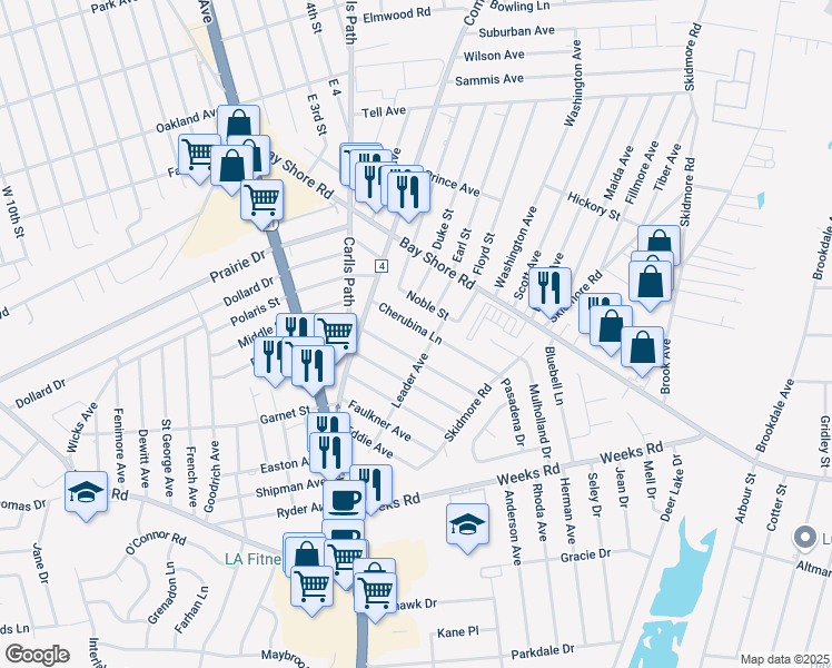 map of restaurants, bars, coffee shops, grocery stores, and more near 56 Cherubina Lane in North Babylon