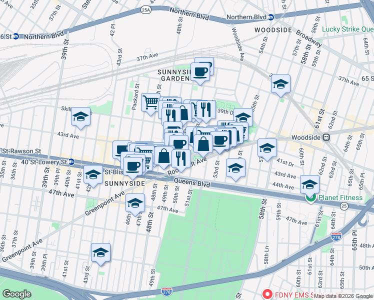 map of restaurants, bars, coffee shops, grocery stores, and more near 50-05 43rd Avenue in Queens