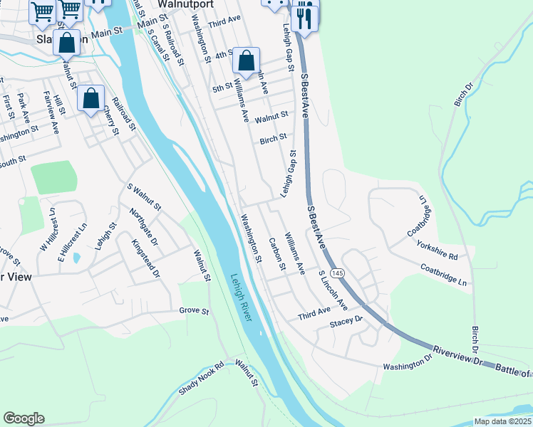 map of restaurants, bars, coffee shops, grocery stores, and more near 821 Carbon Street in Walnutport