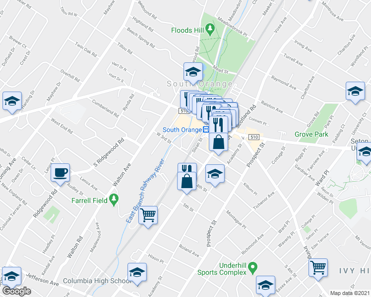 map of restaurants, bars, coffee shops, grocery stores, and more near 75 Mews Lane in South Orange
