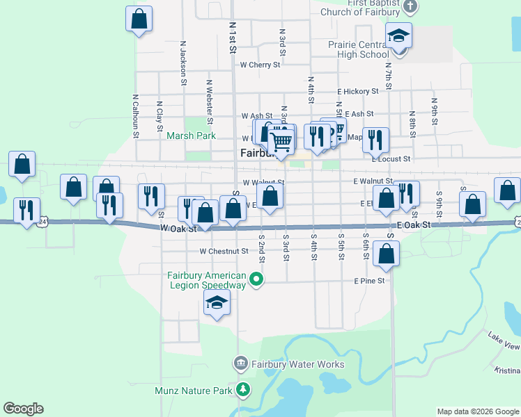 map of restaurants, bars, coffee shops, grocery stores, and more near 203 West Elm Street in Fairbury