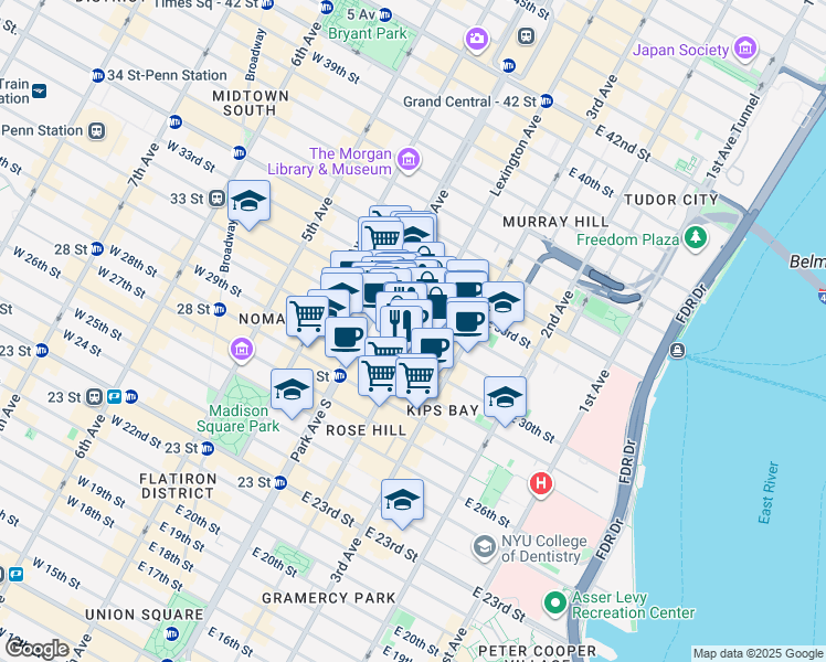 map of restaurants, bars, coffee shops, grocery stores, and more near 114 East 32nd Street in New York