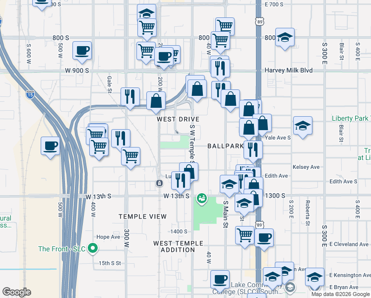 map of restaurants, bars, coffee shops, grocery stores, and more near 121 Fremont Avenue West in Salt Lake City