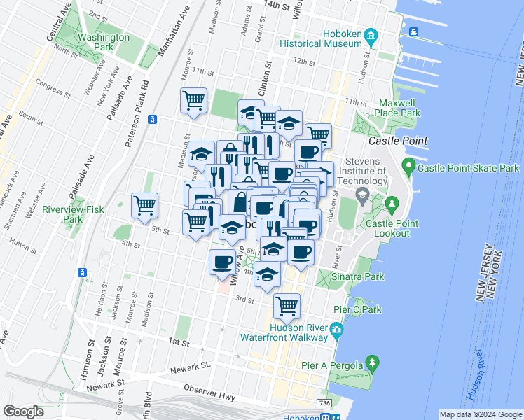 map of restaurants, bars, coffee shops, grocery stores, and more near in Hoboken