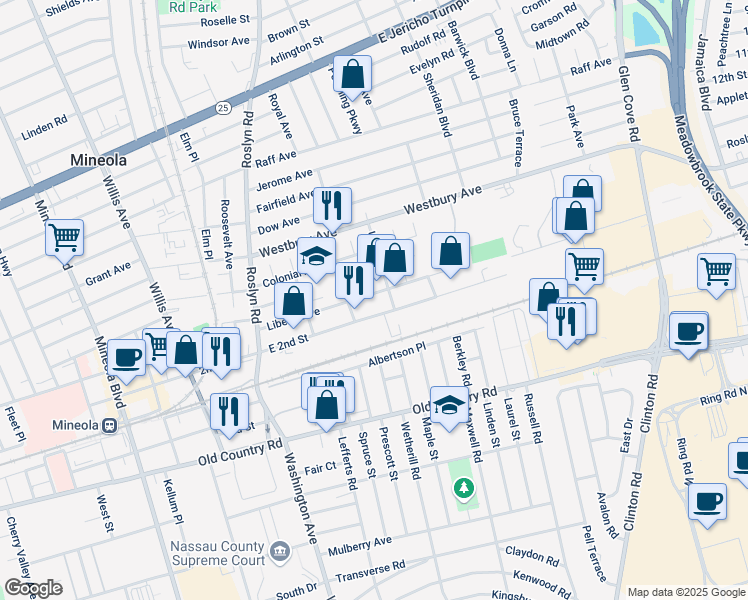 map of restaurants, bars, coffee shops, grocery stores, and more near 140 East 2nd Street in Mineola
