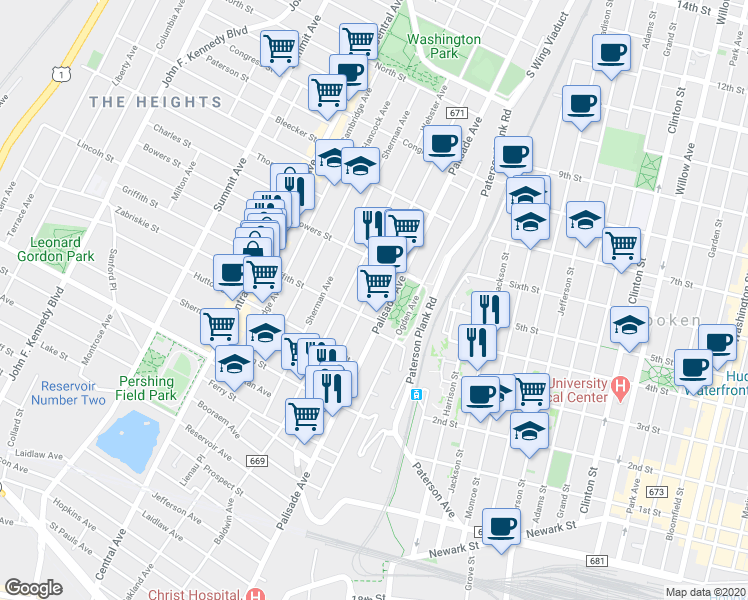 map of restaurants, bars, coffee shops, grocery stores, and more near 246 New York Avenue in Jersey City