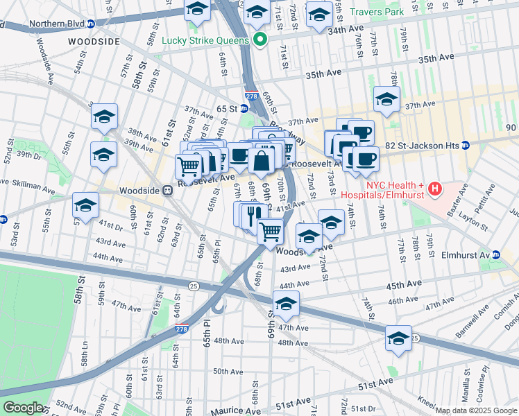 map of restaurants, bars, coffee shops, grocery stores, and more near 41-3 69th Street in Queens
