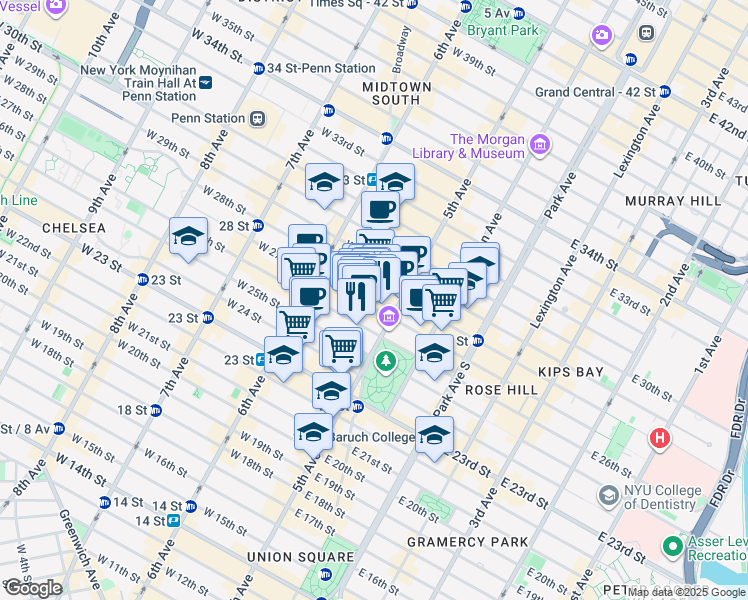 map of restaurants, bars, coffee shops, grocery stores, and more near 1155-1157 Broadway in New York