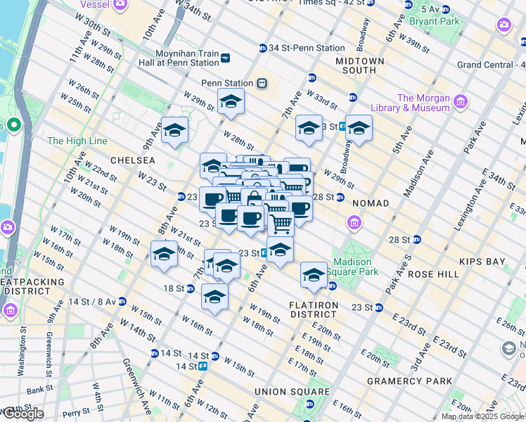 map of restaurants, bars, coffee shops, grocery stores, and more near 131 West 24th Street in New York