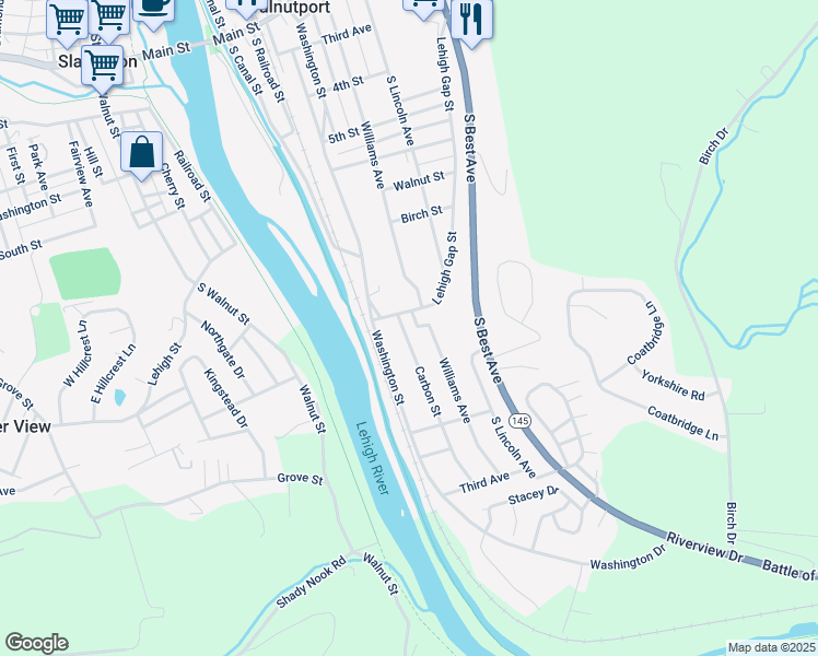 map of restaurants, bars, coffee shops, grocery stores, and more near 821 Carbon Street in Walnutport