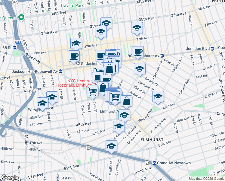 map of restaurants, bars, coffee shops, grocery stores, and more near 42-15 Layton Street in Queens