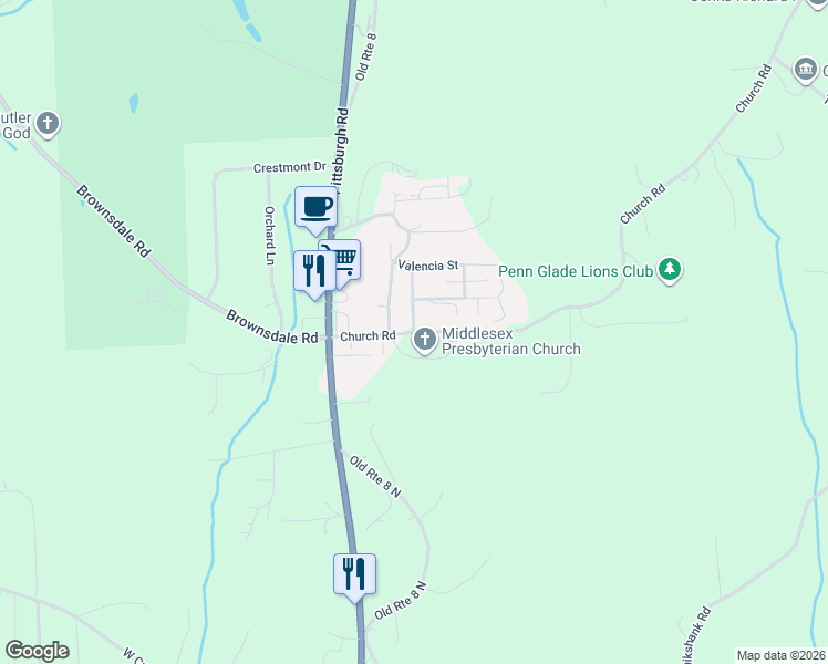 map of restaurants, bars, coffee shops, grocery stores, and more near 123 Church Road in Butler