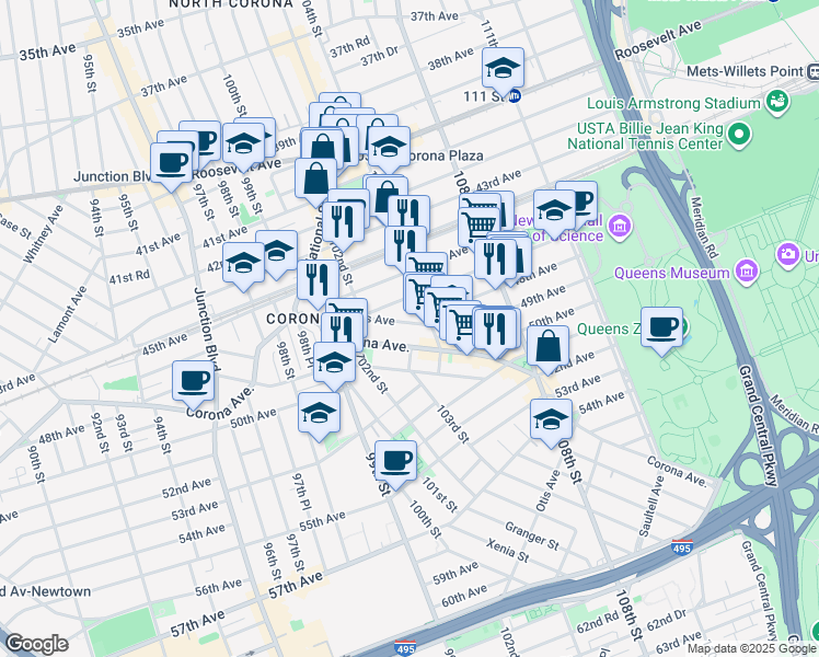 map of restaurants, bars, coffee shops, grocery stores, and more near 102-48 Nicolls Avenue in Queens