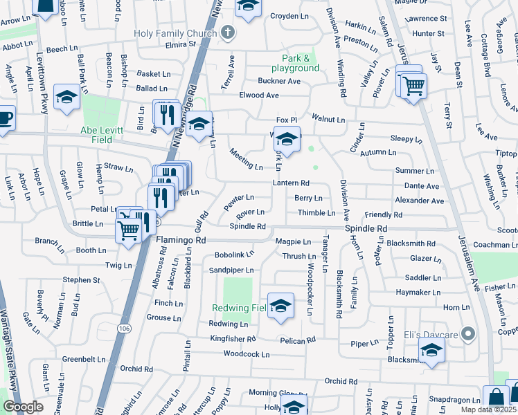 map of restaurants, bars, coffee shops, grocery stores, and more near 34 Rover Lane in Hicksville