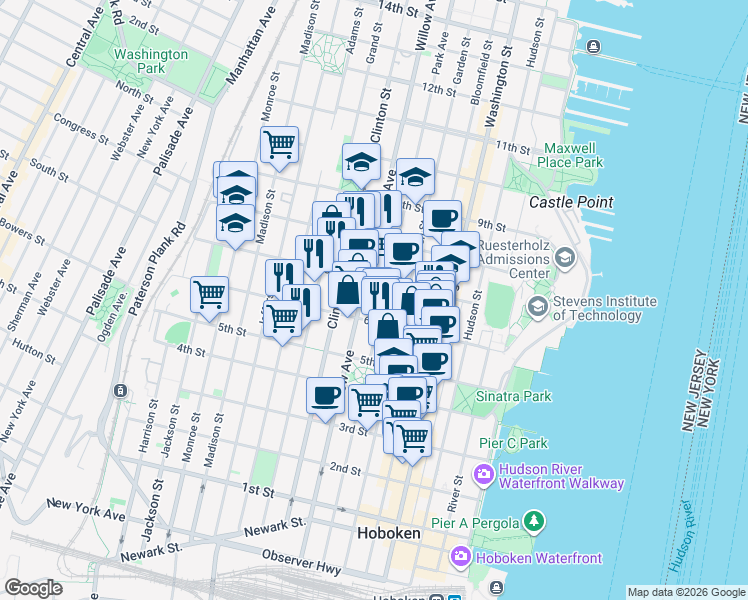 map of restaurants, bars, coffee shops, grocery stores, and more near in Hoboken