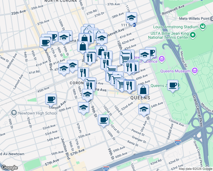 map of restaurants, bars, coffee shops, grocery stores, and more near 102-46 Nicolls Avenue in Queens