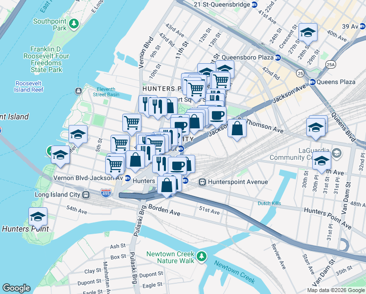 map of restaurants, bars, coffee shops, grocery stores, and more near in Queens