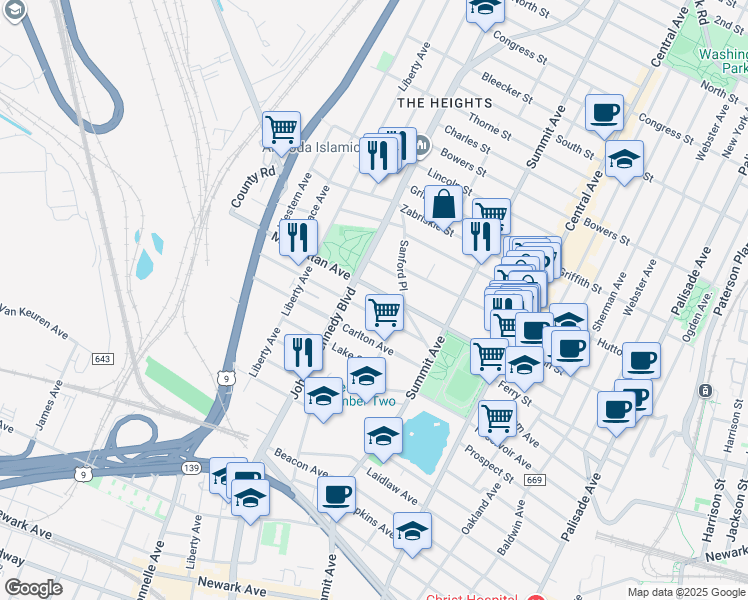 map of restaurants, bars, coffee shops, grocery stores, and more near 171 Manhattan Avenue in Jersey City