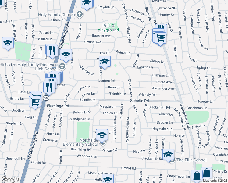 map of restaurants, bars, coffee shops, grocery stores, and more near 17 Thimble Lane in Hicksville