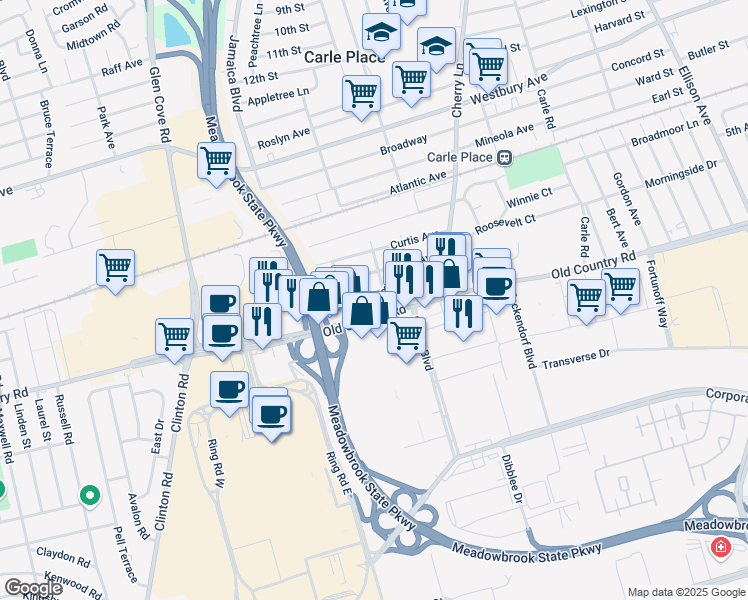 map of restaurants, bars, coffee shops, grocery stores, and more near 268 Lansdowne Avenue in Carle Place