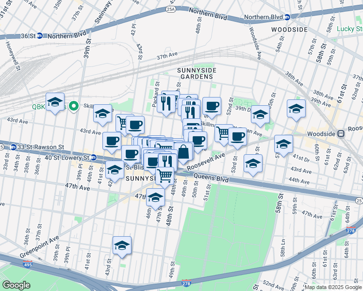 map of restaurants, bars, coffee shops, grocery stores, and more near 47-12 43rd Avenue in Queens