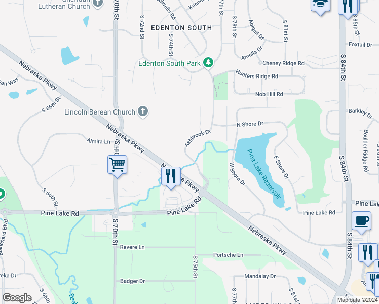 map of restaurants, bars, coffee shops, grocery stores, and more near 6630 Ashbrook Drive in Lincoln
