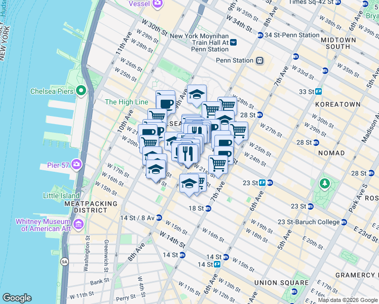 map of restaurants, bars, coffee shops, grocery stores, and more near 300 West 22nd Street in New York