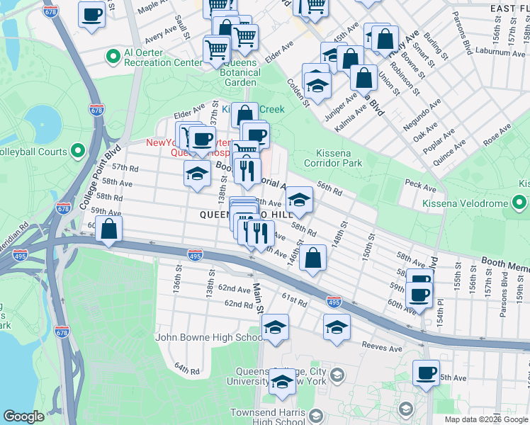 map of restaurants, bars, coffee shops, grocery stores, and more near 142-01 58th Road in Queens