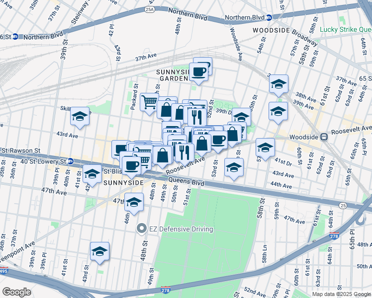 map of restaurants, bars, coffee shops, grocery stores, and more near 50-05 43rd Avenue in Queens