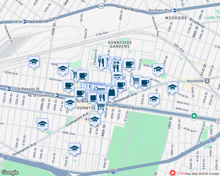 map of restaurants, bars, coffee shops, grocery stores, and more near 48th St & 43rd Ave in Queens