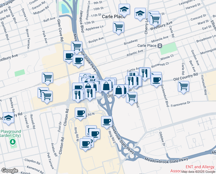 map of restaurants, bars, coffee shops, grocery stores, and more near 235 Lansdowne Avenue in Carle Place