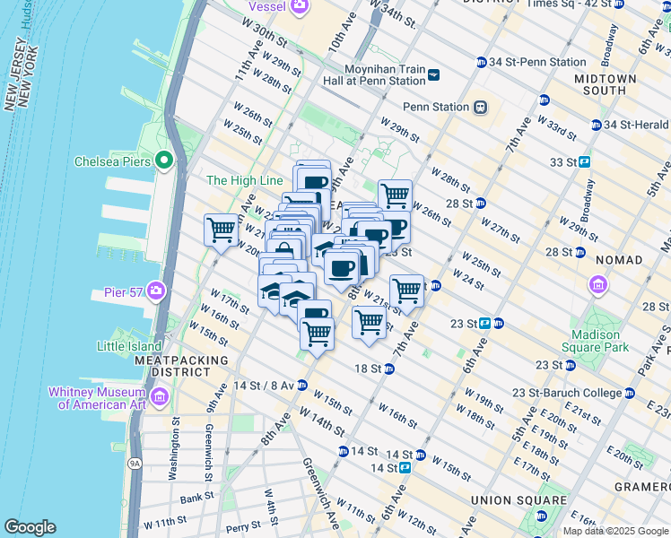 map of restaurants, bars, coffee shops, grocery stores, and more near 321 West 21st Street in New York