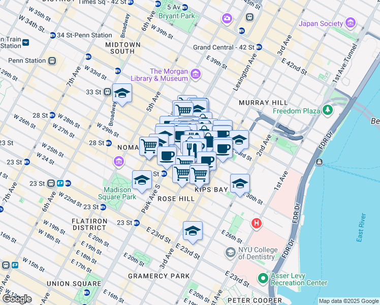 map of restaurants, bars, coffee shops, grocery stores, and more near 114 East 32nd Street in New York