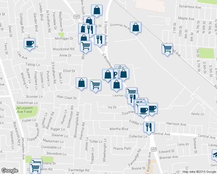 map of restaurants, bars, coffee shops, grocery stores, and more near 150-190 Engineers Dr in Hicksville