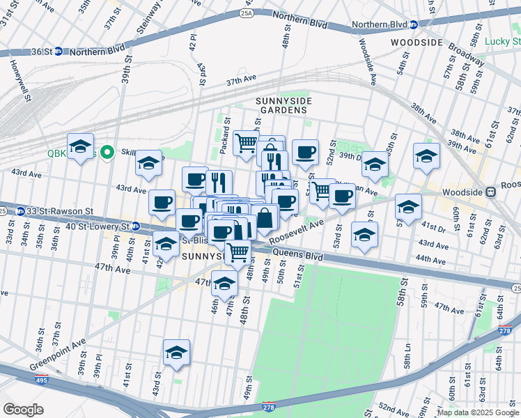 map of restaurants, bars, coffee shops, grocery stores, and more near 47-12 43rd Avenue in Queens