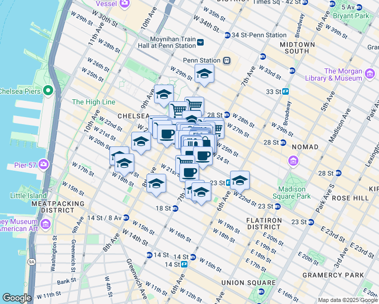 map of restaurants, bars, coffee shops, grocery stores, and more near 213 West 23rd Street in New York