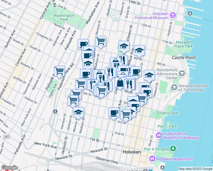 map of restaurants, bars, coffee shops, grocery stores, and more near 533 Adams Street in Hoboken
