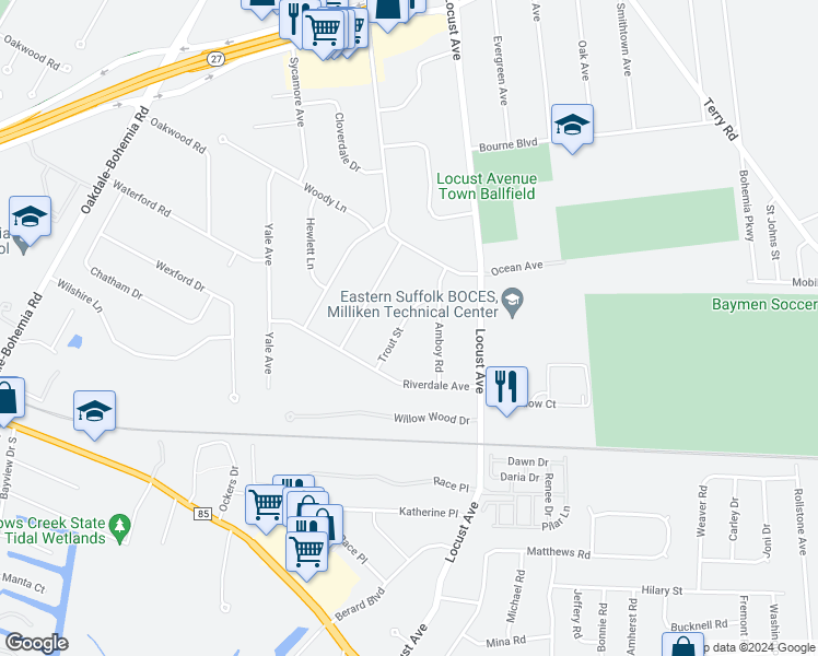 map of restaurants, bars, coffee shops, grocery stores, and more near 11 Trout Street in Oakdale