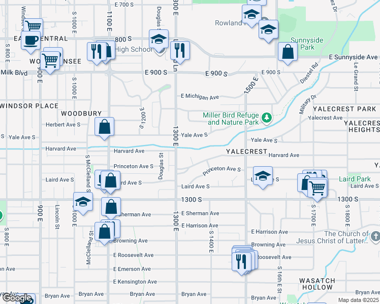 map of restaurants, bars, coffee shops, grocery stores, and more near 1365 Harvard Avenue in Salt Lake City